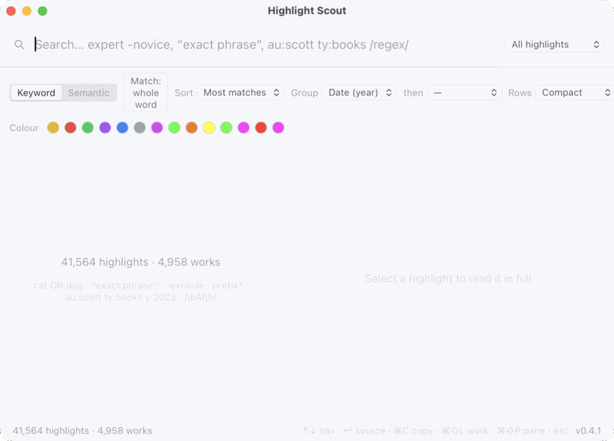 Highlight Scout searching reading highlights for the word connectionism